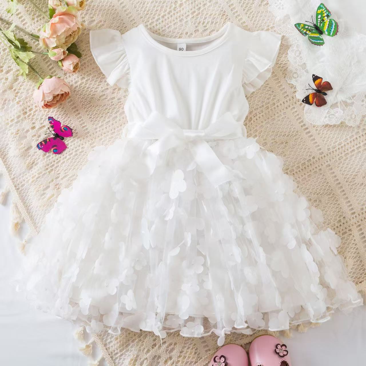 Girls’ Princess Dress, Korean Style, Butterfly Netting Lace Dress, Suitable for Small Children, Birthday or First Birthday Party Attire.