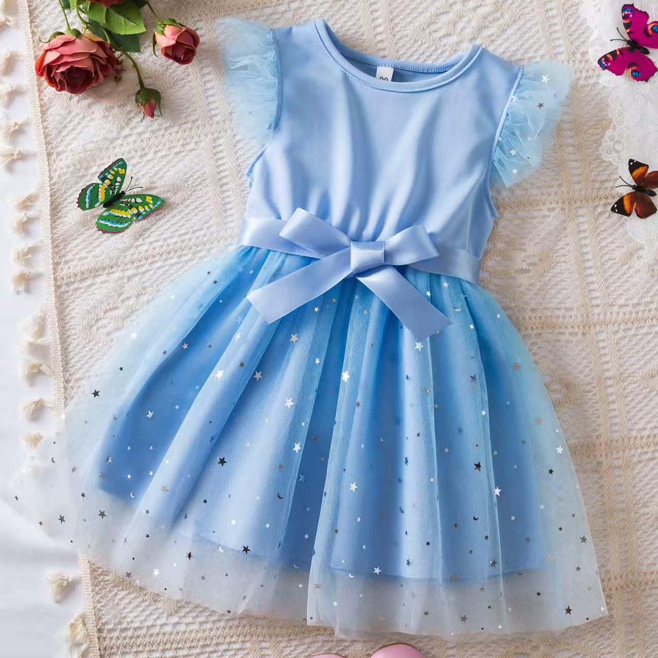 Girls’ Princess Dress, Korean Style, Butterfly Netting Lace Dress, Suitable for Small Children, Birthday or First Birthday Party Attire.