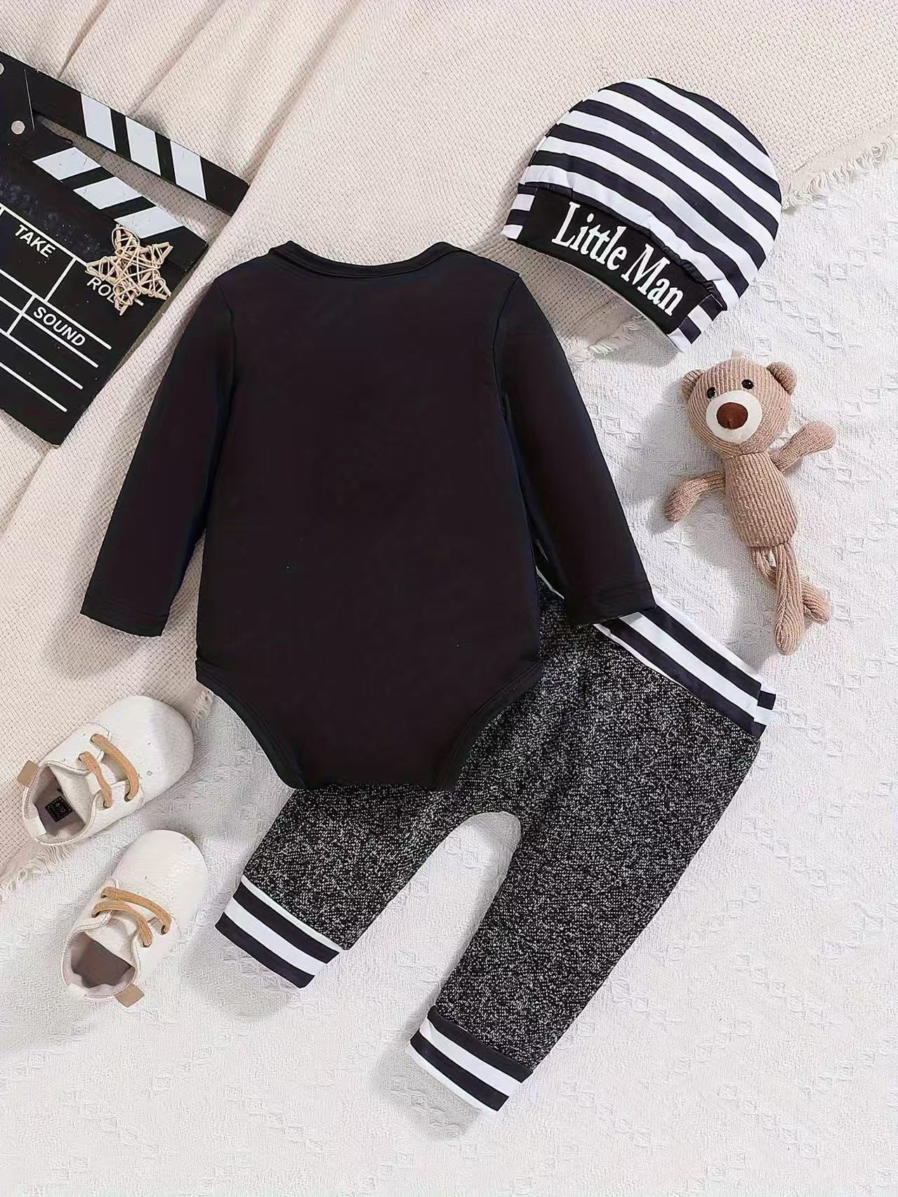 3 piece Spring and Summer New Arrivals: Children's Fashion Letter Print Onesie + Striped Hem Trousers + Hat, Two-Piece Set for Boys and Girls. Infant Clothing, Newborn Garments, Toddler Apparel, Baby
