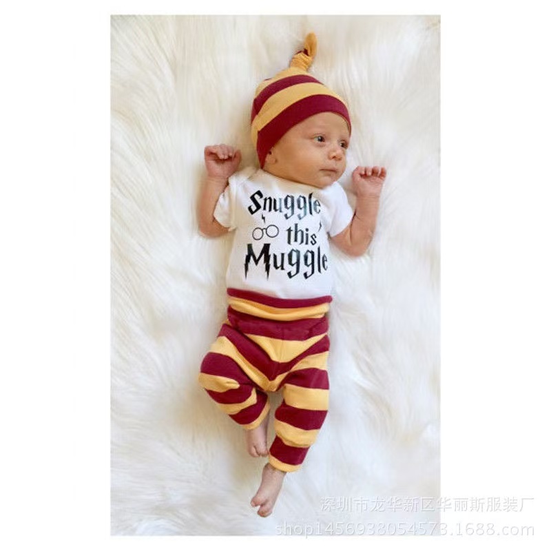 3 piece Harry Potter Infant Clothing: Exporter’s Pack of Bodysuit, Short-Sleeve, Long-Sleeve, Hoodie, Three-Piece Set with Cartoon Print.baby clothes，baby clothing，infant clothes，newborn clothes，toddl