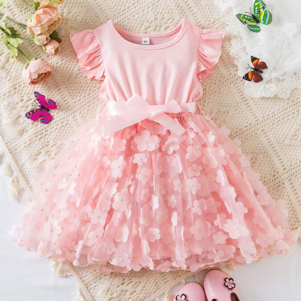 Girls’ Princess Dress, Korean Style, Butterfly Netting Lace Dress, Suitable for Small Children, Birthday or First Birthday Party Attire.