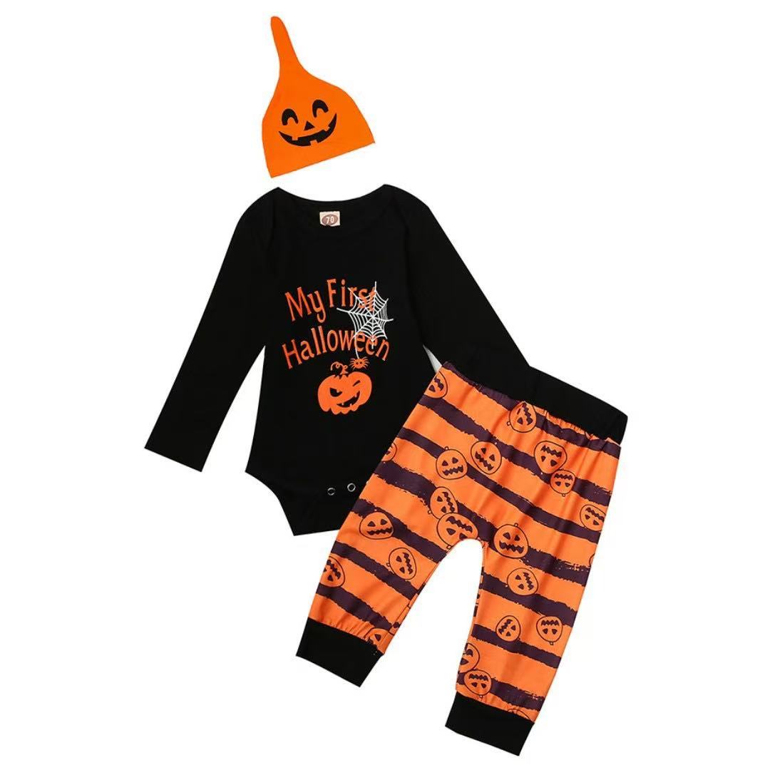 3 piece Small and medium-sized children’s foreign trade Halloween bodysuit, three-piece outfit, pumpkin/spider design, elastic cotton, long sleeves, winter version.Infant hat.baby clothes Infant hat.