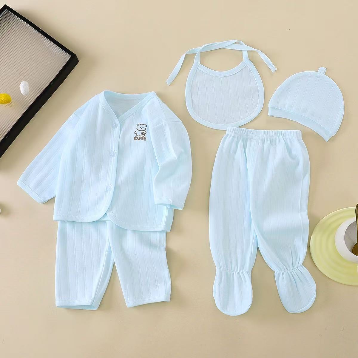 4 piece Newborn Five-Piece Set: 0-2 Months Old Infant Underwear Set, Baby Cartoon Clothing, Newborn Top, Newborn Pants, Newborn Hat, Newborn Outfit.