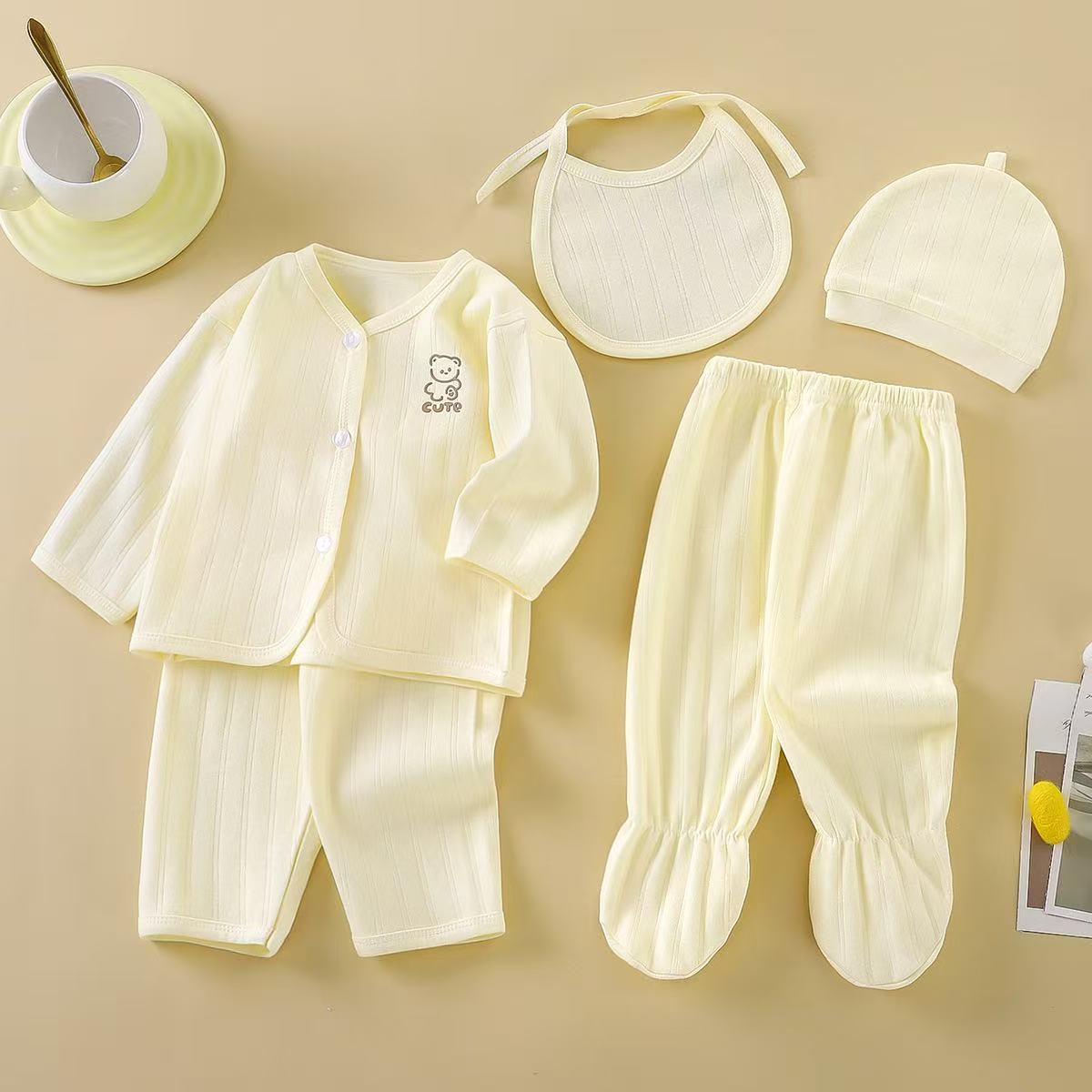 4 piece Newborn Five-Piece Set: 0-2 Months Old Infant Underwear Set, Baby Cartoon Clothing, Newborn Top, Newborn Pants, Newborn Hat, Newborn Outfit.