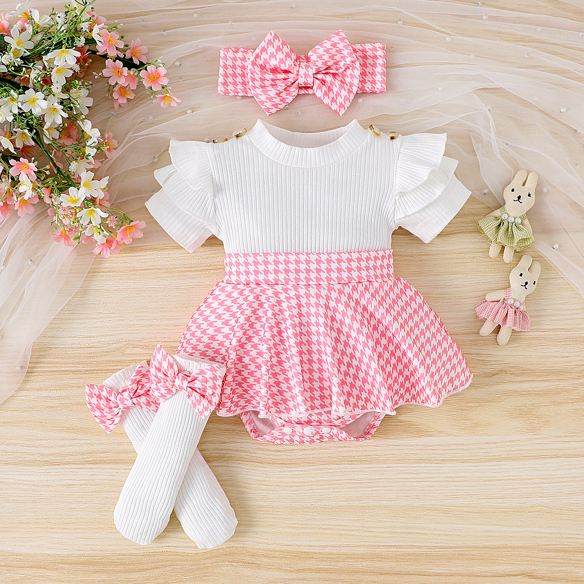 3-piece cross-border European and American girls' outfit: black top, houndstooth skirt set, new girls' dress, socks, headband, and blouse