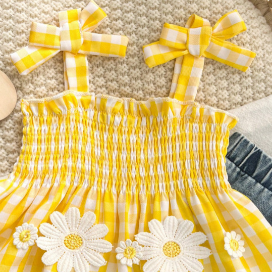 2 pieces: Girl's summer sleeveless bow-knot dress-style camisole top + denim long pants, girls' set.