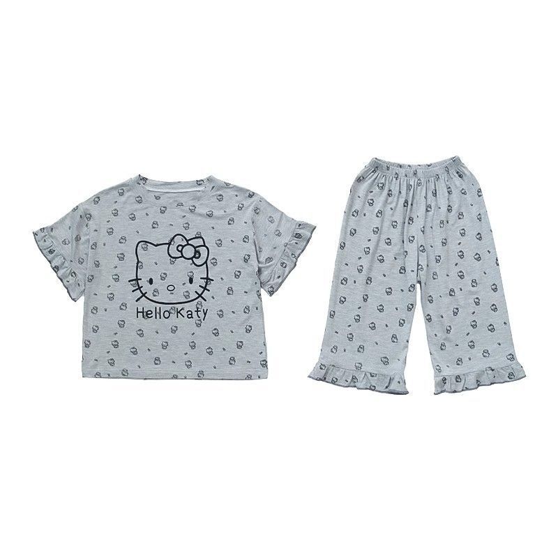 Two best-selling KT Cat cute pajama sets: casual three-quarter sleeve homewear for young girls in summer, featuring lightweight short sleeves and pants.