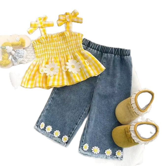 2 pieces: Girl's summer sleeveless bow-knot dress-style camisole top + denim long pants, girls' set.