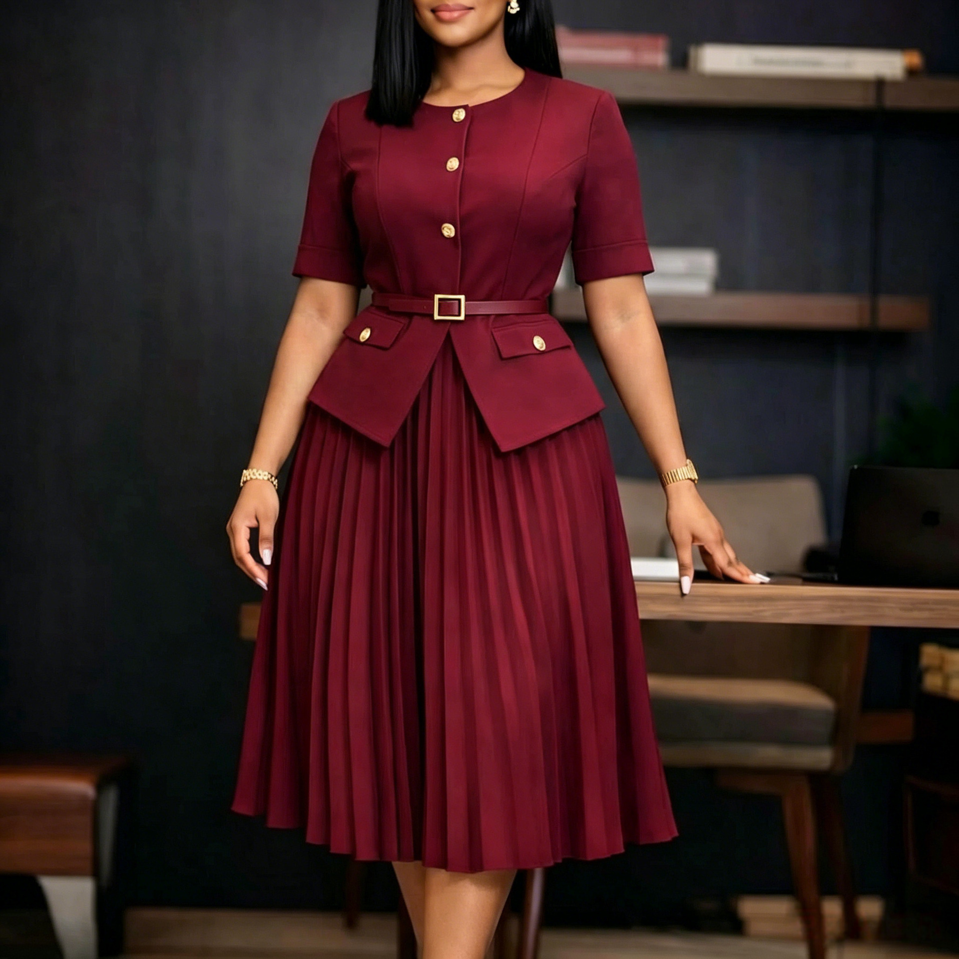 New Product Selection D633 Cross border Women's Clothing Amazon Africa Summer New Round Neck Splicing Crimson Fake Two Solid Color Large Size Dresses
