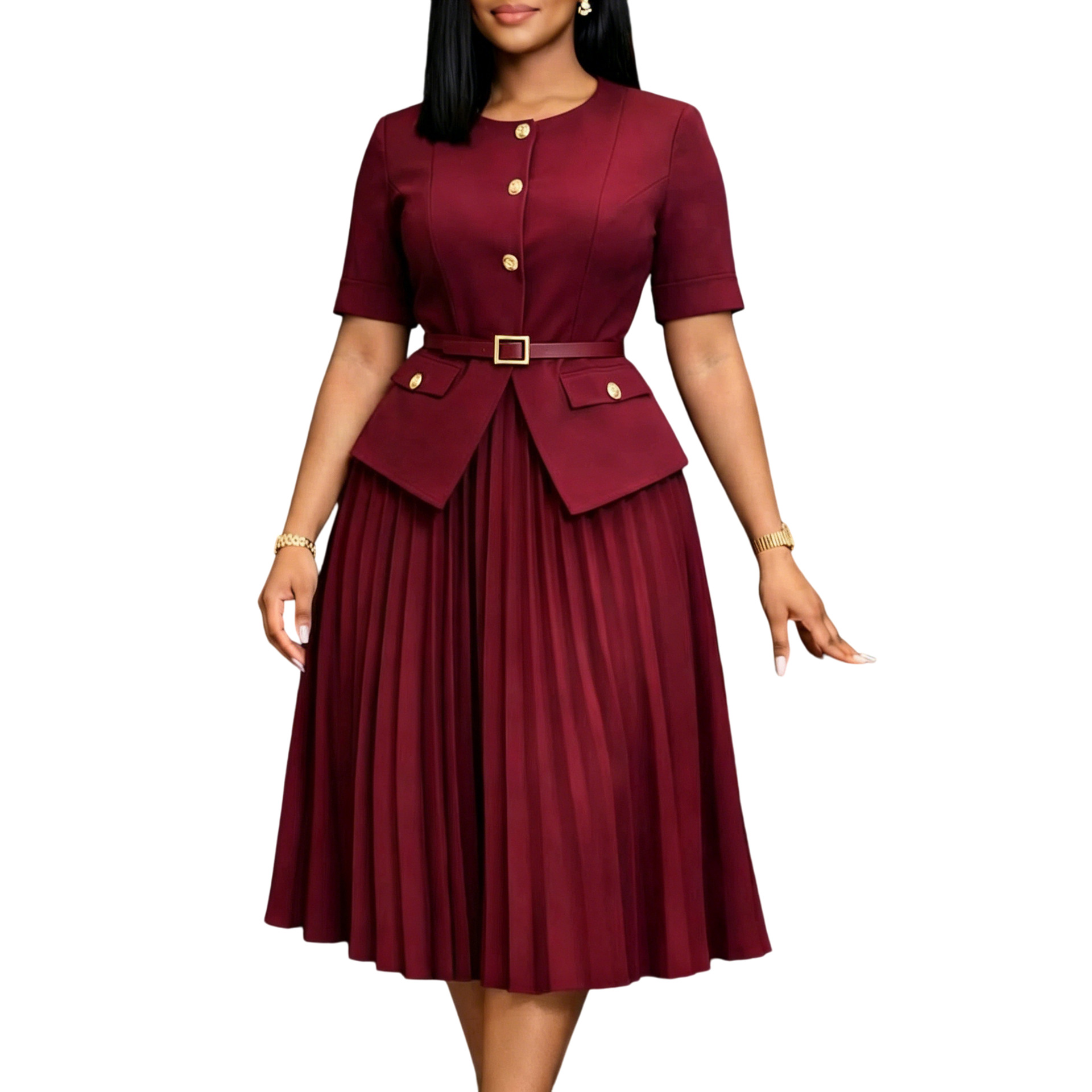 New Product Selection D633 Cross border Women's Clothing Amazon Africa Summer New Round Neck Splicing Crimson Fake Two Solid Color Large Size Dresses