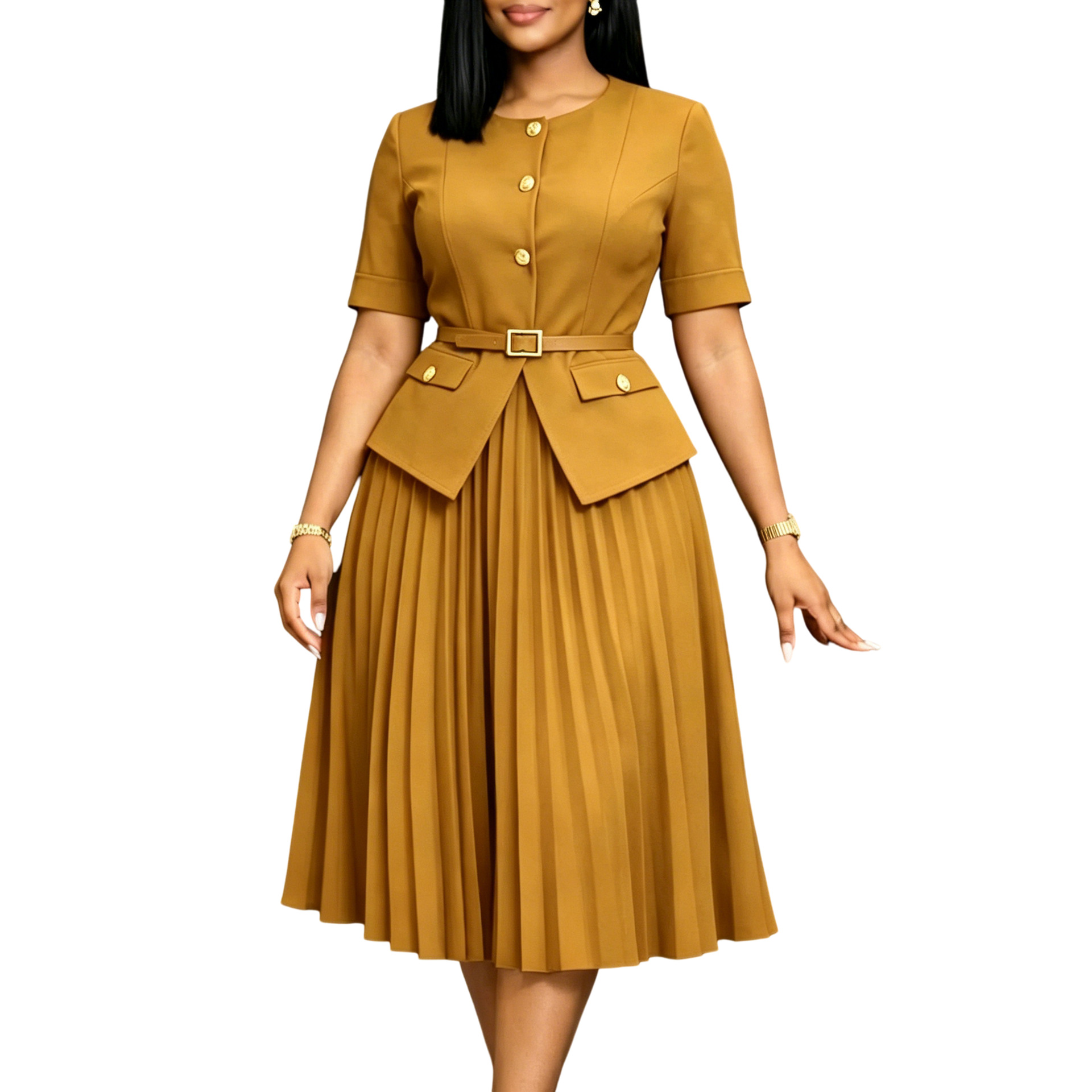 New Product Selection D633 Cross border Women's Clothing Amazon Africa Summer New Round Neck Splicing Crimson Fake Two Solid Color Large Size Dresses