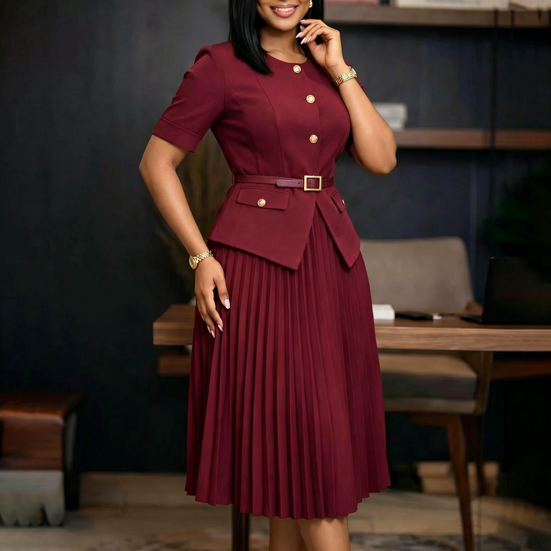 New Product Selection D633 Cross border Women's Clothing Amazon Africa Summer New Round Neck Splicing Crimson Fake Two Solid Color Large Size Dresses