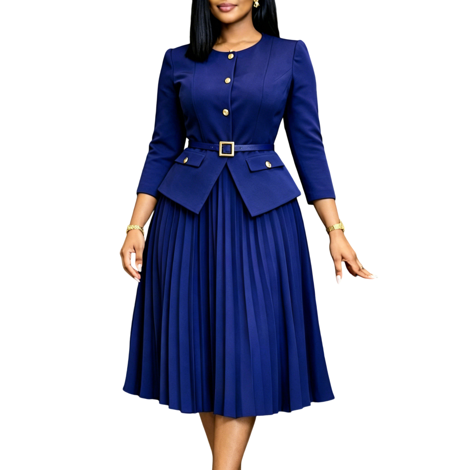 New Product Selection D633 Cross border Women's Clothing Amazon Africa Summer New Round Neck Splicing Crimson Fake Two Solid Color Large Size Dresses