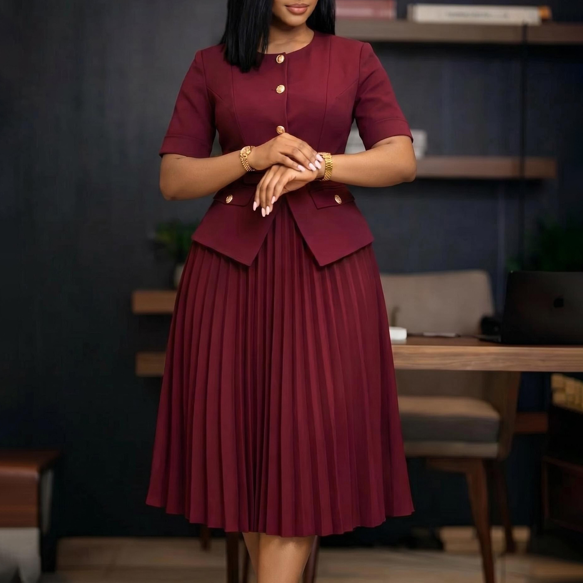 New Product Selection D633 Cross border Women's Clothing Amazon Africa Summer New Round Neck Splicing Crimson Fake Two Solid Color Large Size Dresses