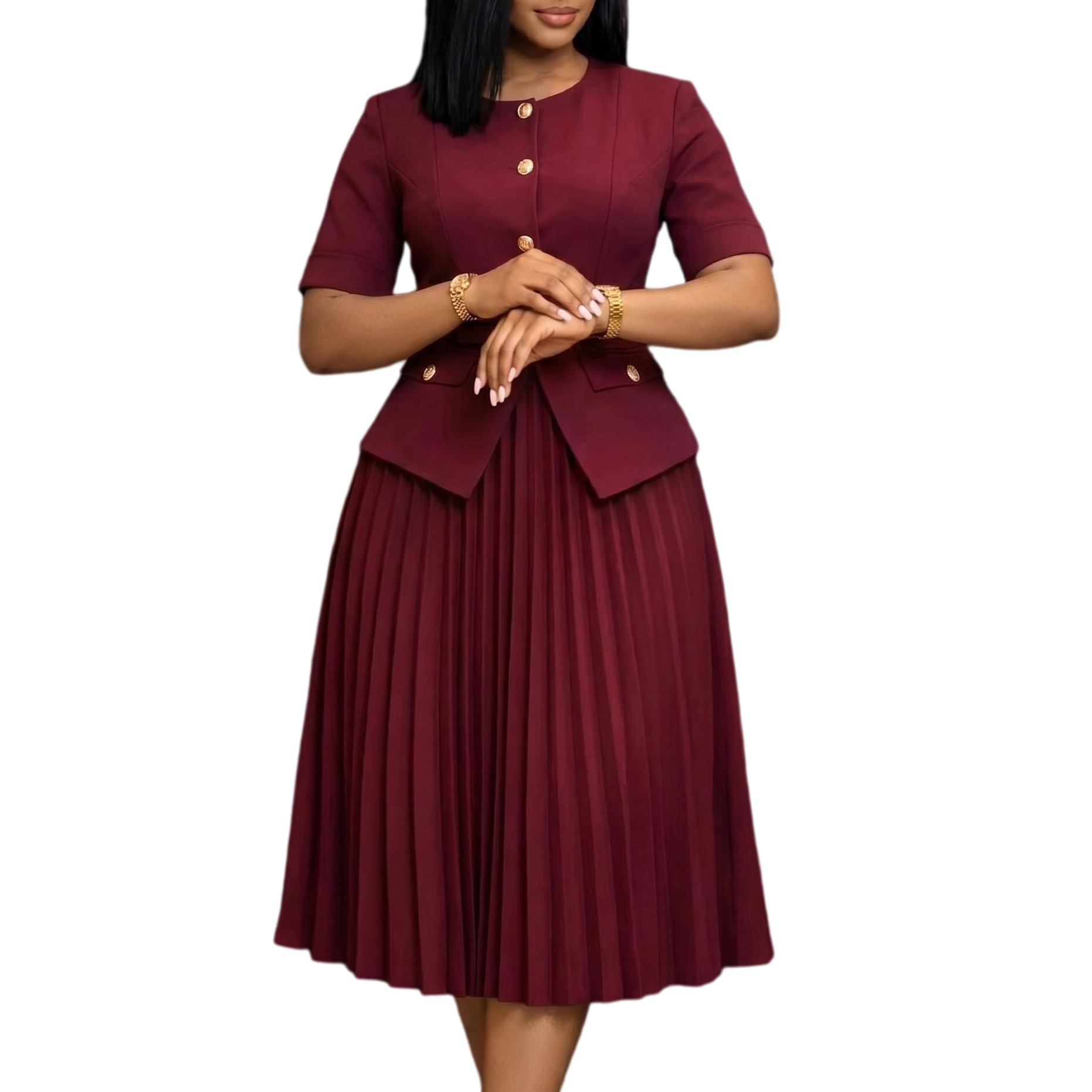 New Product Selection D633 Cross border Women's Clothing Amazon Africa Summer New Round Neck Splicing Crimson Fake Two Solid Color Large Size Dresses