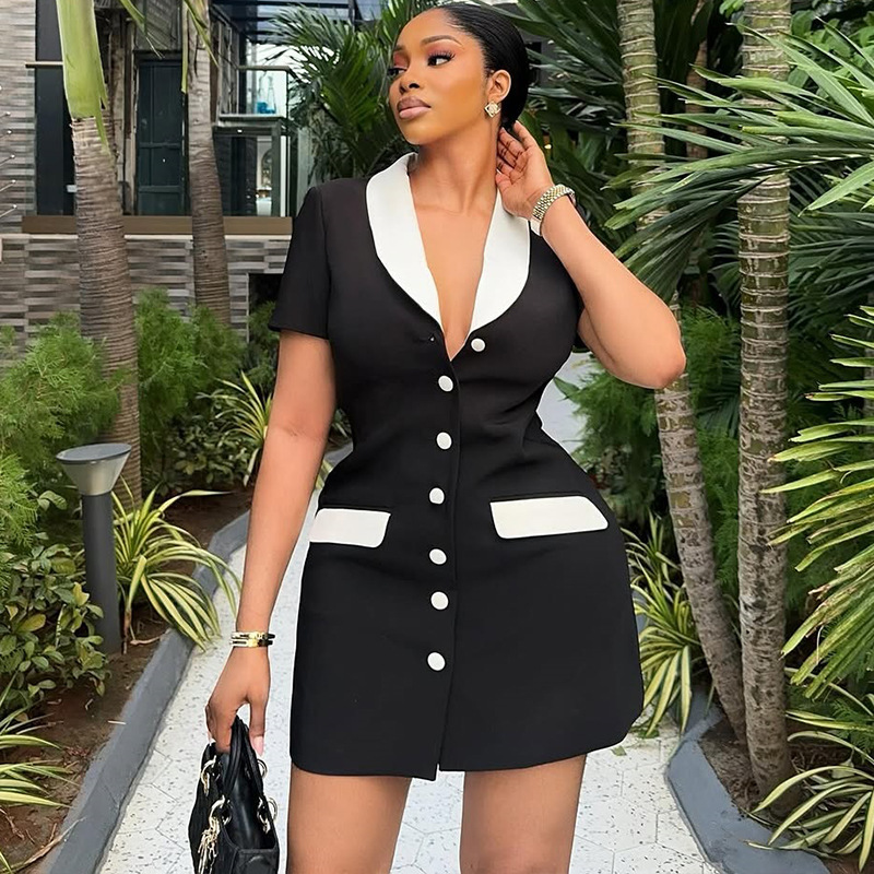 New product selection: European and American style, foreign trade fashion temperament, women's clothing, black and white contrasting color, slimming suit skirt, slim fit cardigan, button short dress