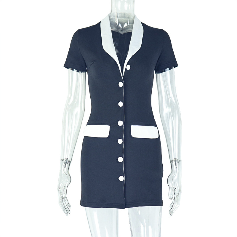 New product selection: European and American style, foreign trade fashion temperament, women's clothing, black and white contrasting color, slimming suit skirt, slim fit cardigan, button short dress