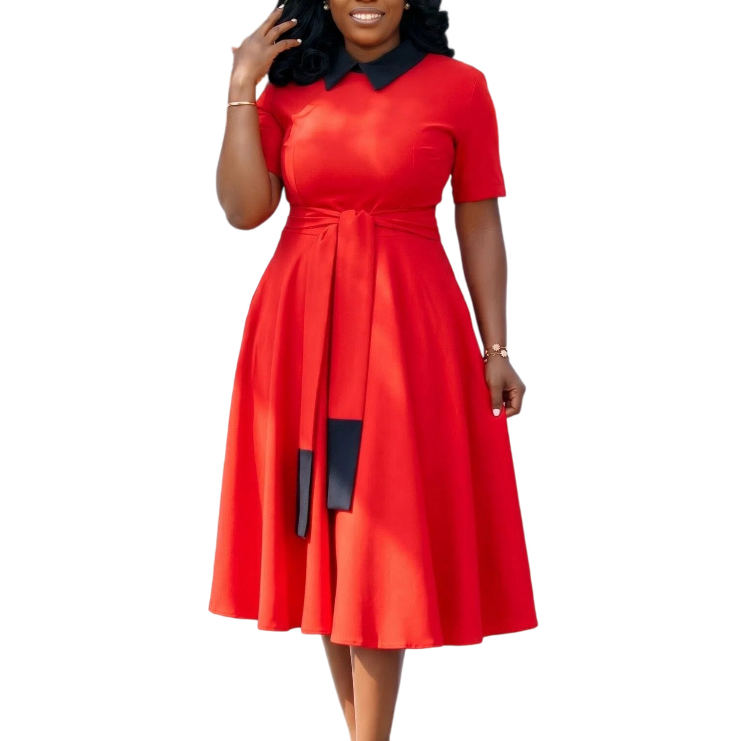 New Product Selection D3378 Foreign Trade Women's Clothing African Cross border Summer New Style Fashionable and Elegant Doll Neck Color Contrasting Large Size Dress