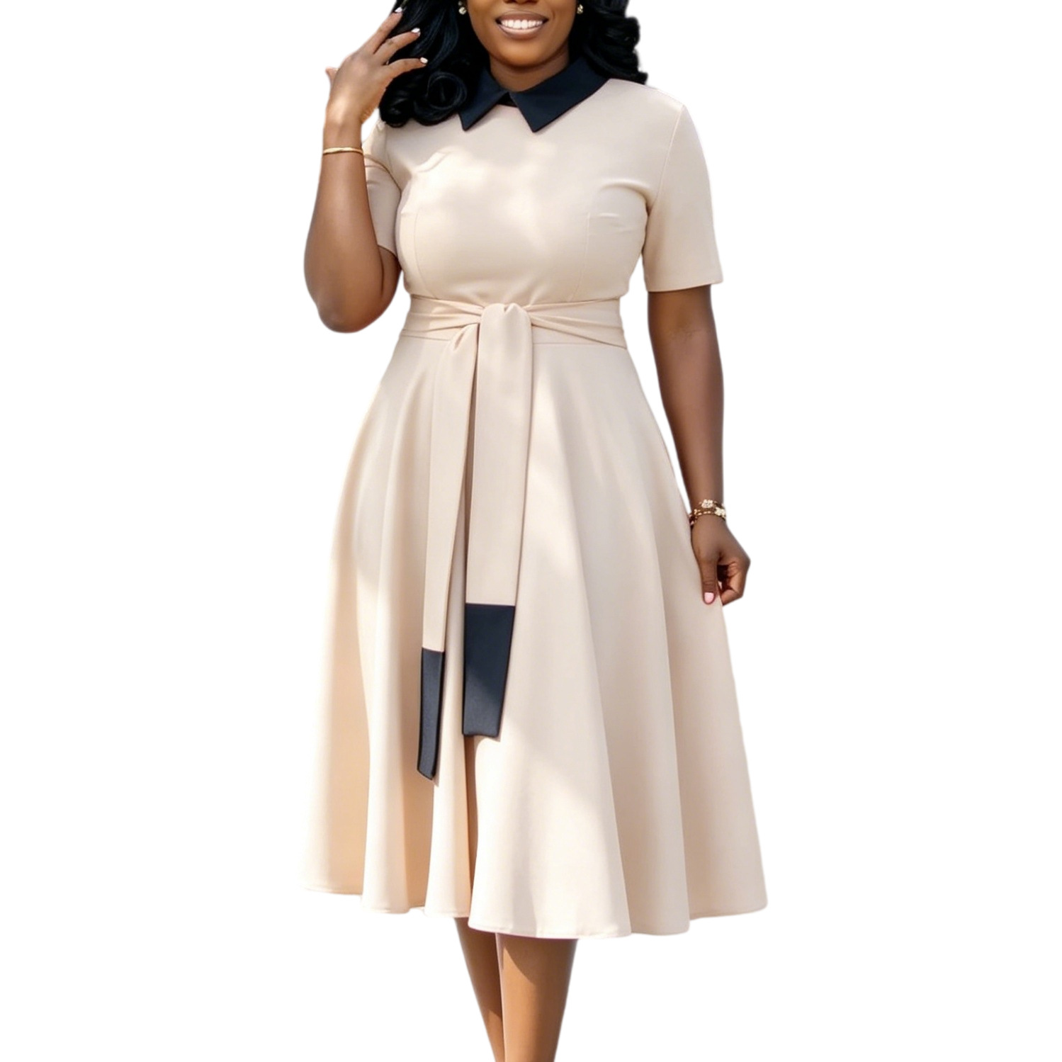 New Product Selection D3378 Foreign Trade Women's Clothing African Cross border Summer New Style Fashionable and Elegant Doll Neck Color Contrasting Large Size Dress