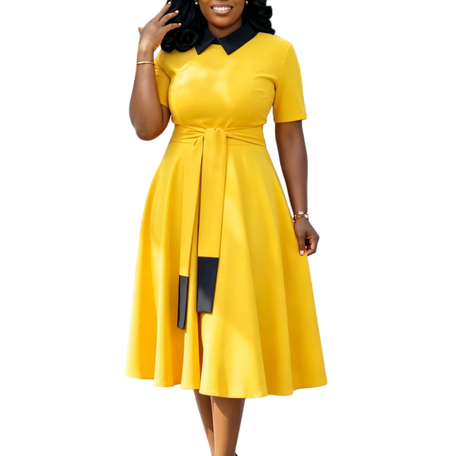 New Product Selection D3378 Foreign Trade Women's Clothing African Cross border Summer New Style Fashionable and Elegant Doll Neck Color Contrasting Large Size Dress