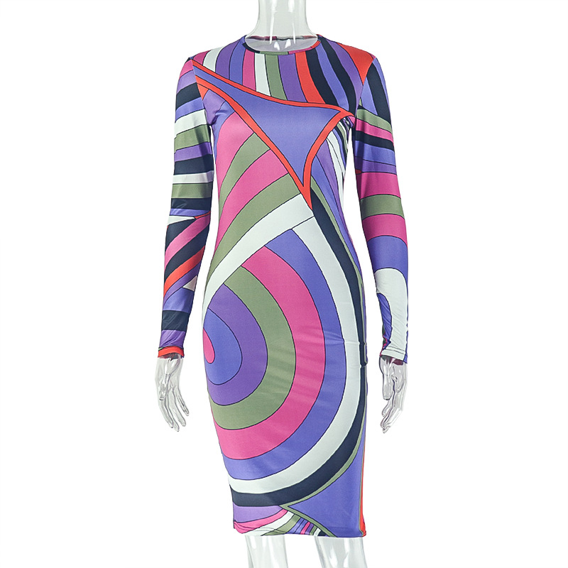 New product selection: Cross border women's clothing with European and American style, striped printing, personalized street style, hip hugging skirt, temperament, round neck, long sleeved, waist cinc