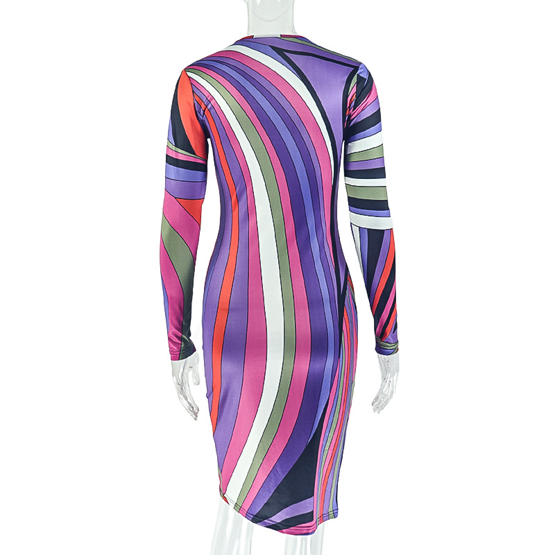 New product selection: Cross border women's clothing with European and American style, striped printing, personalized street style, hip hugging skirt, temperament, round neck, long sleeved, waist cinc