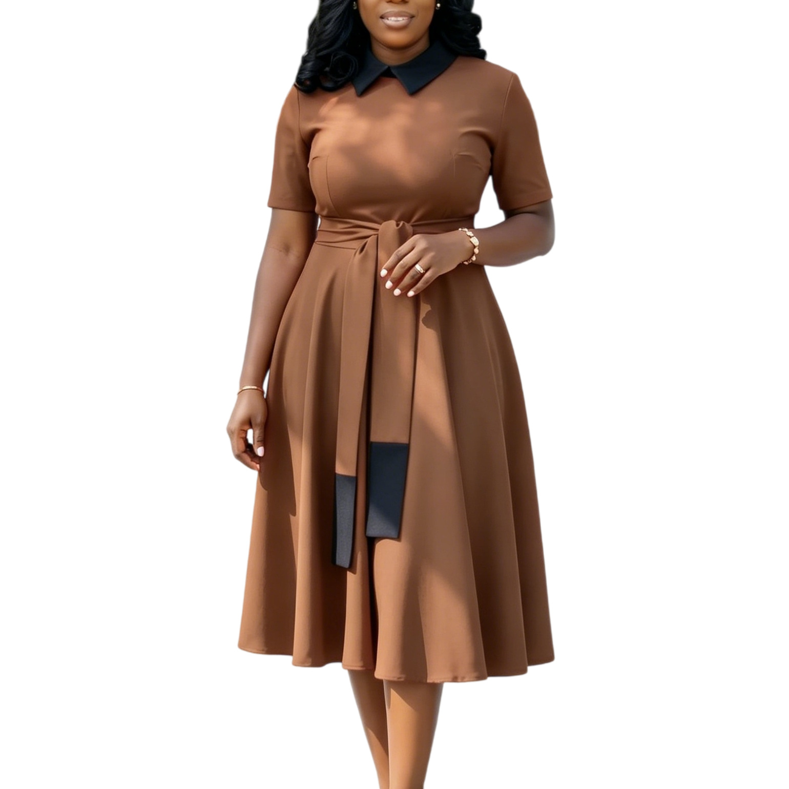 New Product Selection D3378 Foreign Trade Women's Clothing African Cross border Summer New Style Fashionable and Elegant Doll Neck Color Contrasting Large Size Dress