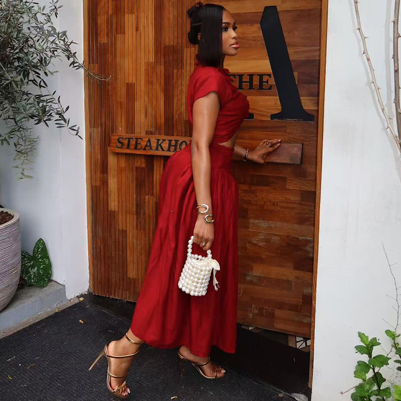 New product selection: European and American style cross-border elegant women's clothing, high-end pleated design, A-line skirt set, V-neck short sleeved light luxury new two-piece set