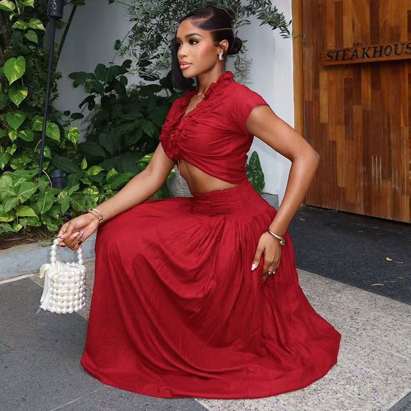 New product selection: European and American style cross-border elegant women's clothing, high-end pleated design, A-line skirt set, V-neck short sleeved light luxury new two-piece set