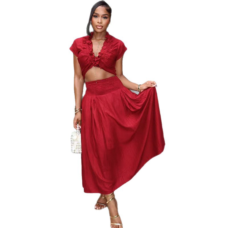 New product selection: European and American style cross-border elegant women's clothing, high-end pleated design, A-line skirt set, V-neck short sleeved light luxury new two-piece set