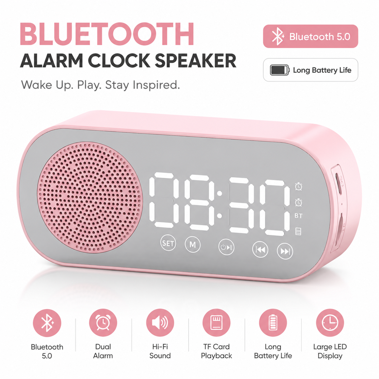 Digital Alarm Clock Radio,Bluetooth V5.0 HiFi Speaker Mirror Clock Dual Alarms Snooze FM Radio,Micro USB 1600mAh Battery,Bedside Clock for Bedrooms