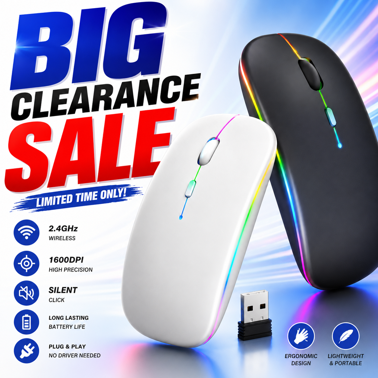 LED Wireless Slim Silent Dual-Mode 2.4G+BT Rechargeable Multi-Color Mouse with USB Receiver
