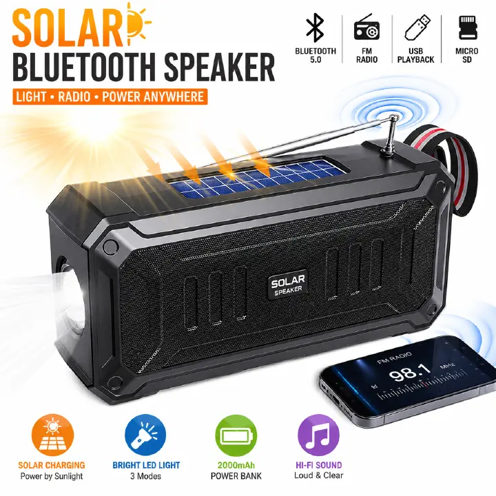 Emergency Radio Waterproof Bluetooth Speaker,Portable Digital AM FM Radio with Flashlight,Reading Lamp with Solar Panel,800mAH ,Emergency Survival Kit
