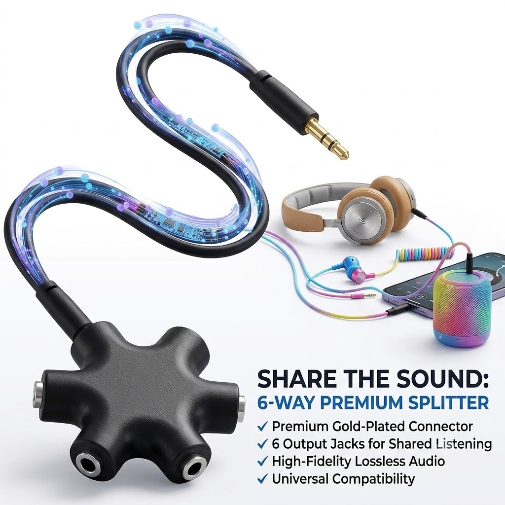 Headphone Splitter - 5-Jack 3.5mm Audio Stereo Adapter for Headsets, Earbuds, Earphones - 1 Male to 4 Female With Stereo Cable