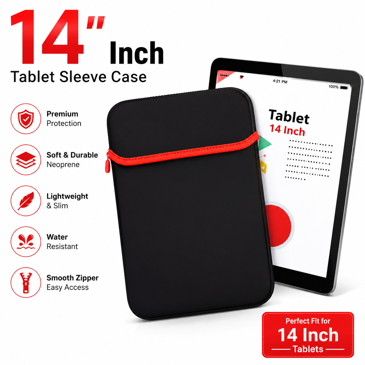 14 Inch Laptop Sleeve Bag Lightweight Water-Repellent Computer Case Tablet Pouch with Reflective Trim and Handle, Memory Foam Material, Black, Notebook Carrying Bag