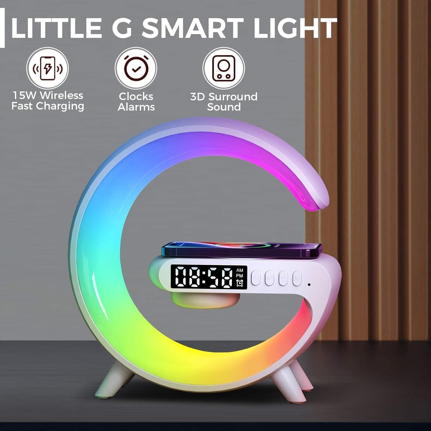 Wireless Fast Charging Wireless BT Speakers with Rhythm RGB Light, Bar Smart Light, Sunrise Alarm Clock, Wake Up Light and Dimmable Table Lamp for Bedrooms