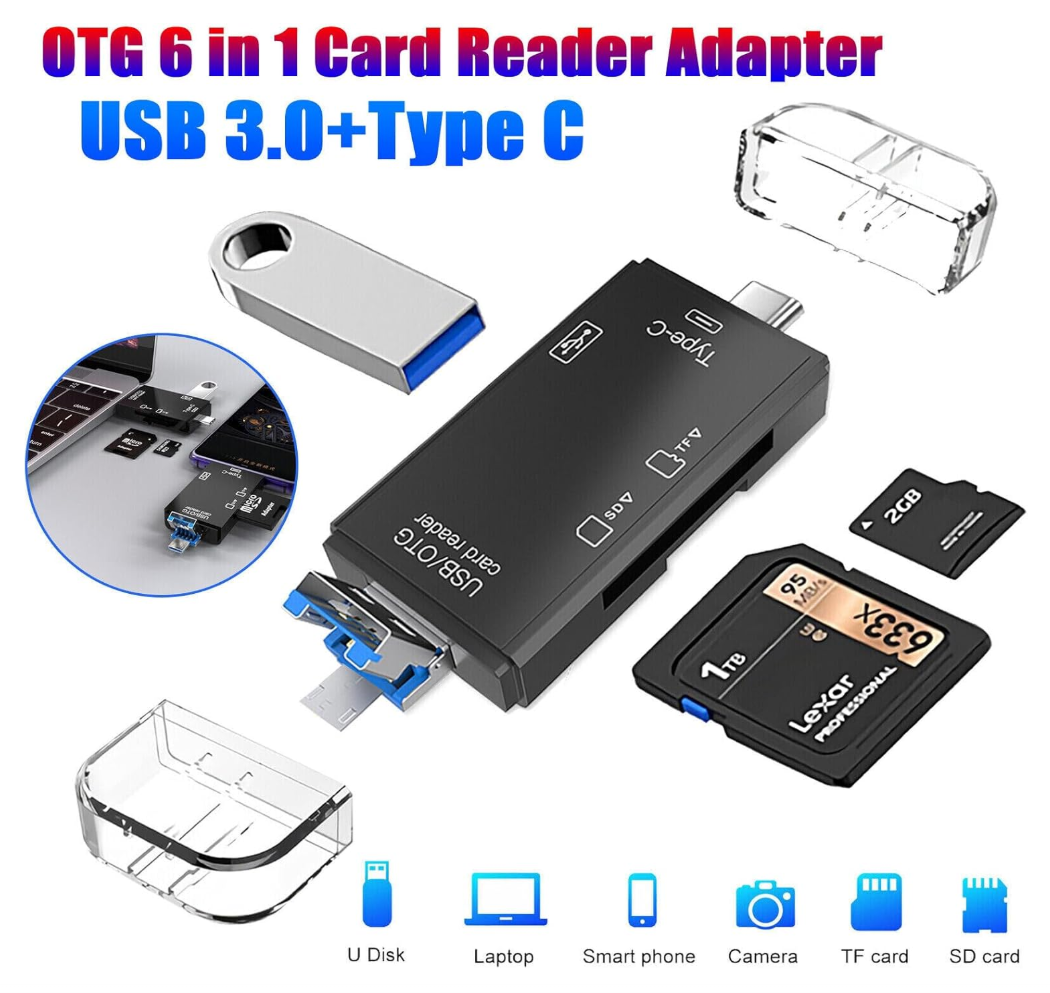 1pc Multi-Functional 6-in-1 OTG Card Reader, SD/TF Card & USB Flash Drive Adapter for Mobile Phone, Computer, Camera - Plug & Play Data Transfer without Battery