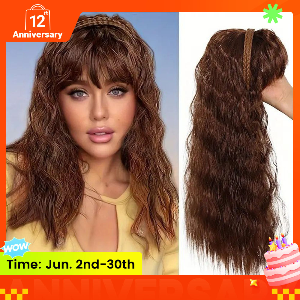Hair Piece Braid and Headband Wig Integrated, with Bangs and Small Curls, Heat-Resistant Synthetic Fiber Fashionable Headband Wig Suitable for Daily Work Christmas and Party Wear