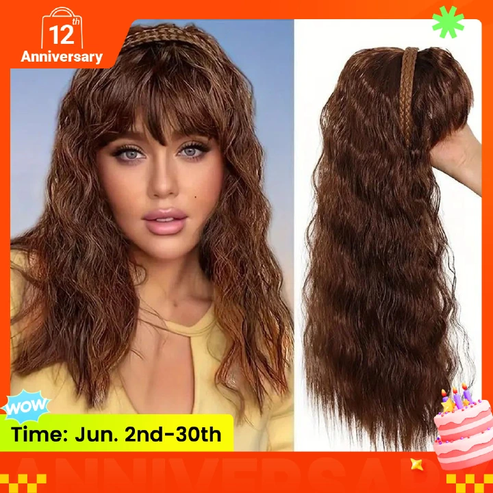 Hair Piece Braid and Headband Wig Integrated, with Bangs and Small Curls, Heat-Resistant Synthetic Fiber Fashionable Headband Wig Suitable for Daily Work Christmas and Party Wear