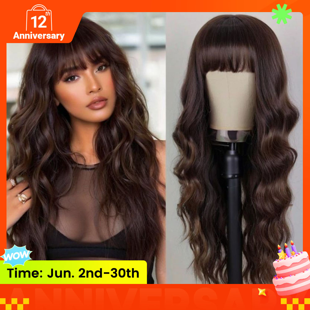 FBK Elegant Brown Long Curly Wig for Women 26 Inches Heat Resistant Synthetic Fiber Buckle Net Cap Perfect for Parties Events Party Wig Elegant Hairpiece Curly Wave Texture Long Wig