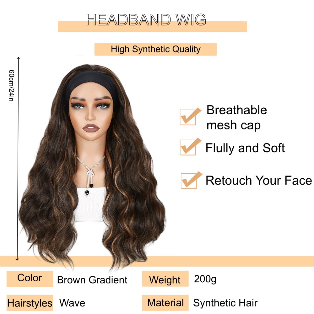 FBK Women's Wig Headbands Wigs Curly Hair 24 Inch Brown Wigs Women'S Synthetic Wig Breathable Mesh Cap QSROCIO
