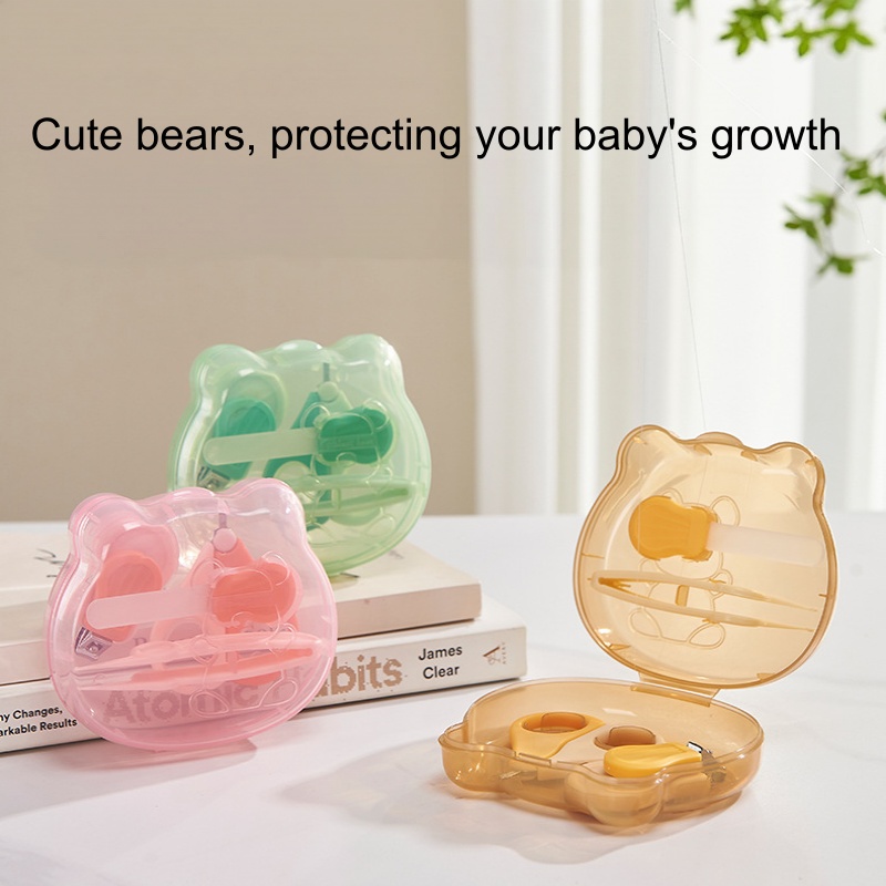 4Pcs 0-3 Years Old Baby Nail Clipper Set Safe Newborn Nail Scissor Trimmer Tweezer With Transparent Bear Head Storage Box for Home Care Green Pink Yellow Optional Odorless And Safe Material QSROCIO