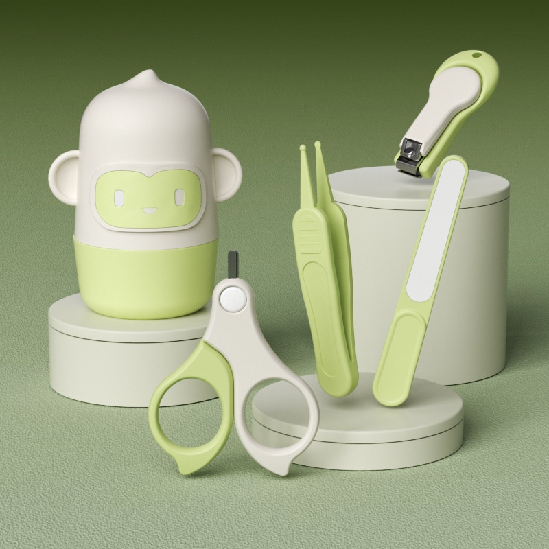 4Pcs 0-3 Years Old Baby Nail Clipper Set Safe Newborn Nail Scissor Trimmer Tweezer With Cartoon Monkey Storage Box For Home Care Green Pink Grey Optional ABS Material Odorless And Safe QSROCIO