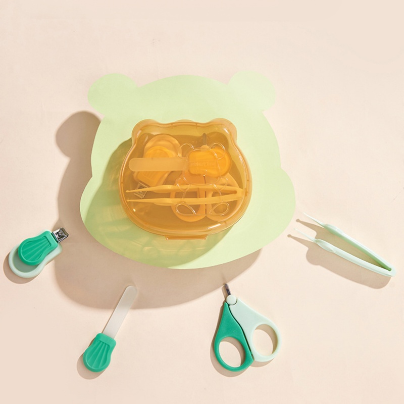 4Pcs 0-3 Years Old Baby Nail Clipper Set Safe Newborn Nail Scissor Trimmer Tweezer With Transparent Bear Head Storage Box for Home Care Green Pink Yellow Optional Odorless And Safe Material QSROCIO
