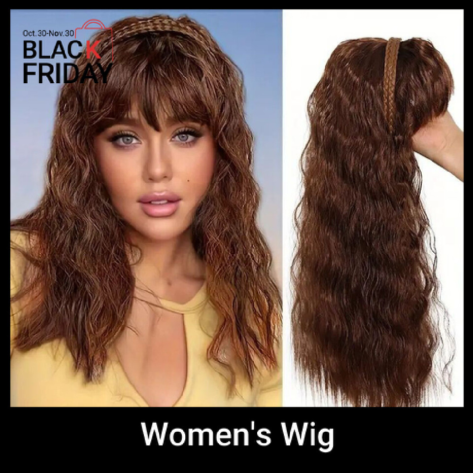 FBK Hair Piece Braid and Headband Wig Integrated, with Bangs and Small Curls, Heat-Resistant Synthetic Fiber Fashionable Headband Wig Suitable for Daily Work Christmas and Party Wear