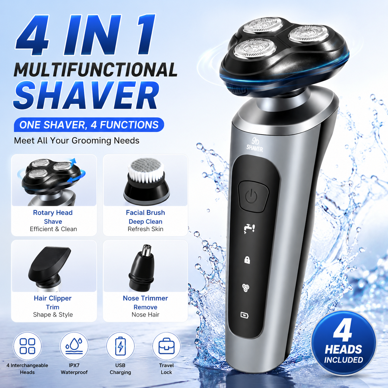 【Promotion】Electric Razor for Men, 4 In 1 Electric Shavers, Waterproof Wet/Dry Shaver for Men, Wireless Rechargeable Mens Shaver Electric Razor Grooming Kit
