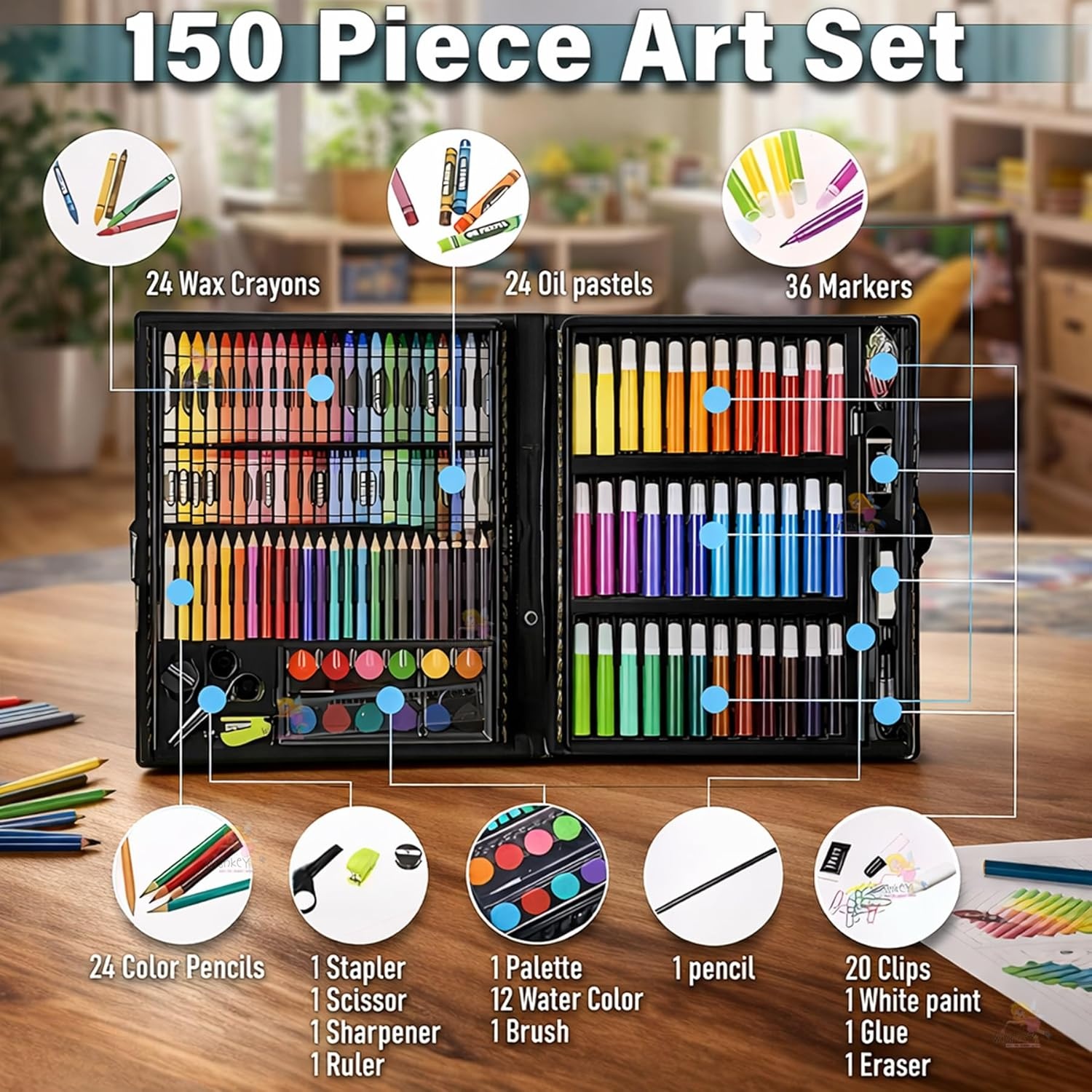 150 Pieces Colour Set Kit for Kids, Complete Stationery Items and Colour Pencil Set in Portable Case, Creative Birthday Gift for Kids and Gift for Girls Age 12-14 Years