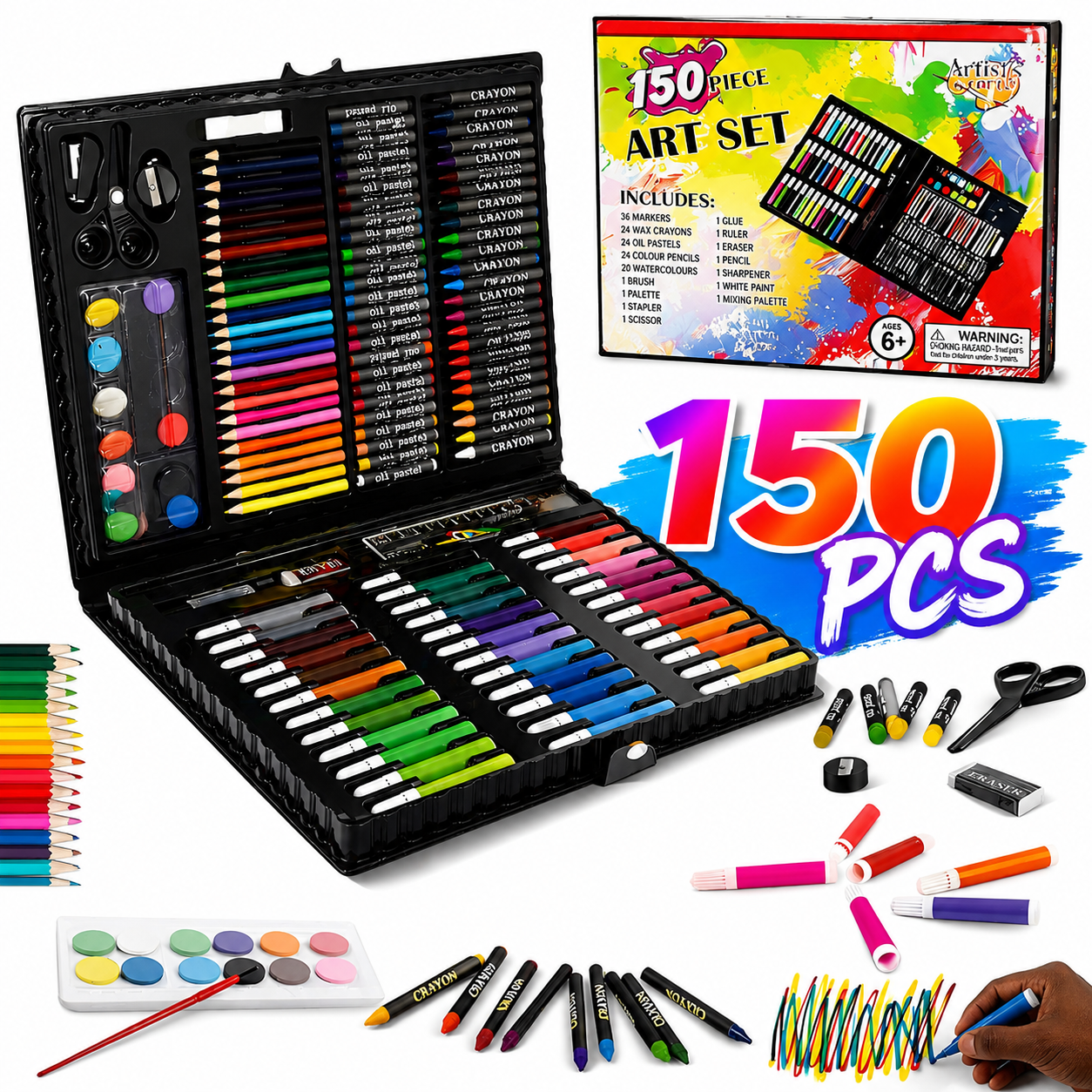 150 Pieces Colour Set Kit for Kids, Complete Stationery Items and Colour Pencil Set in Portable Case, Creative Birthday Gift for Kids and Gift for Girls Age 12-14 Years