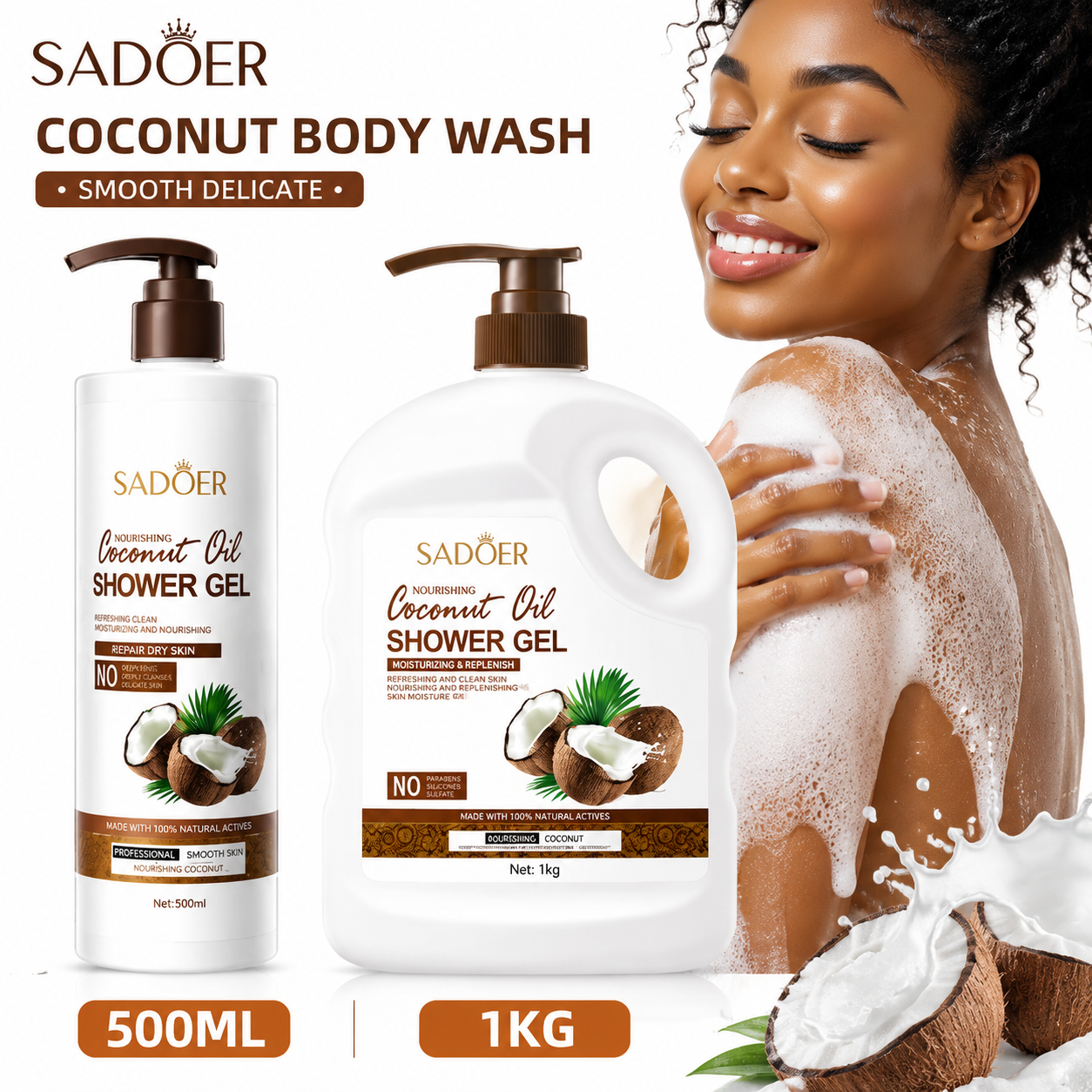 SADOER 500ML/1KG Natural Coconut Moist Shower Gel Amino Acid Shower Gel Lasting Stay Fragrance Shower Cream Large Capacity
