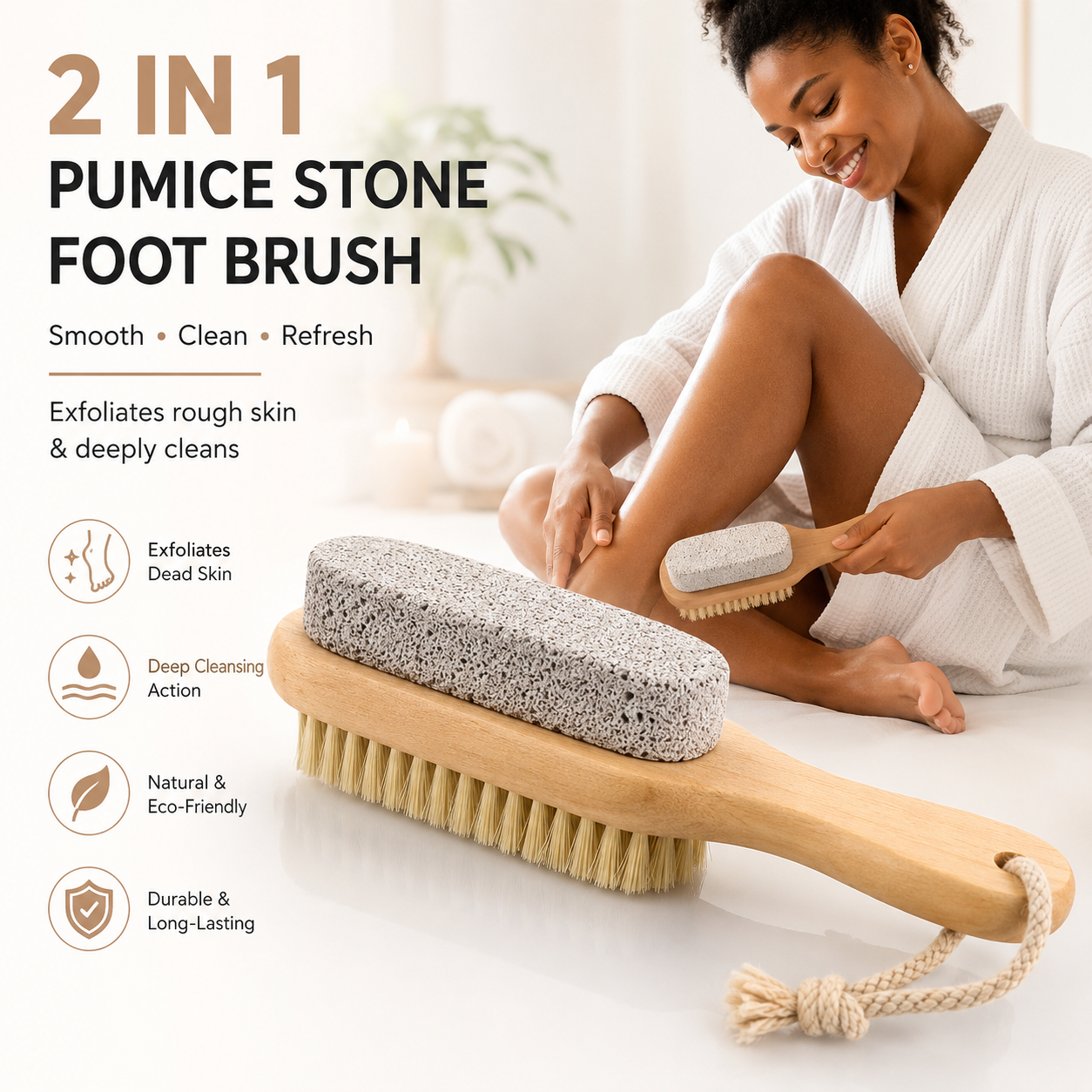 Foot Scrub Brush with Natural Pumice Stone – Wooden Body Brush for Exfoliating Dead Skin, Callus & Hard Skin Remover, Pedicure Tool, Shower & Bath Brush for Men and Women